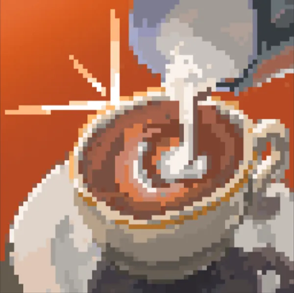 Pumpkin spice latte with foamed milk being poured on top; pixel art. 