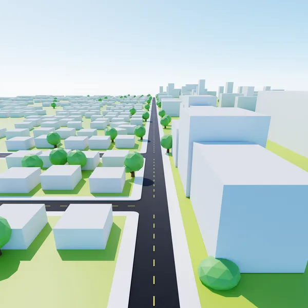 A 3D render of an array of buildings lined up on a road. 