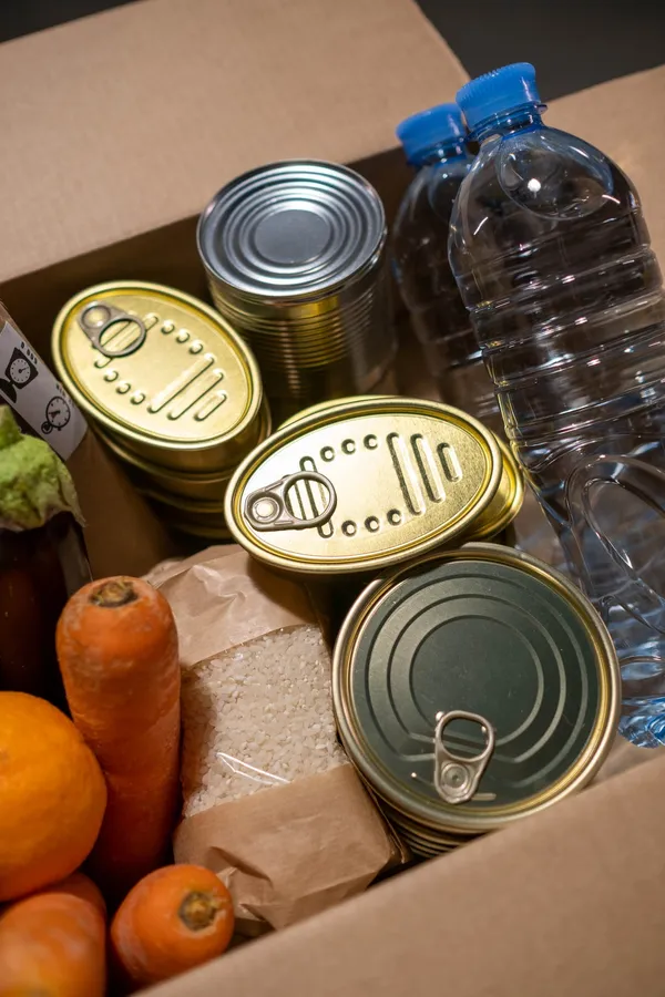 Cardboard Food Donation Box with Cans and Fresh Vegetables