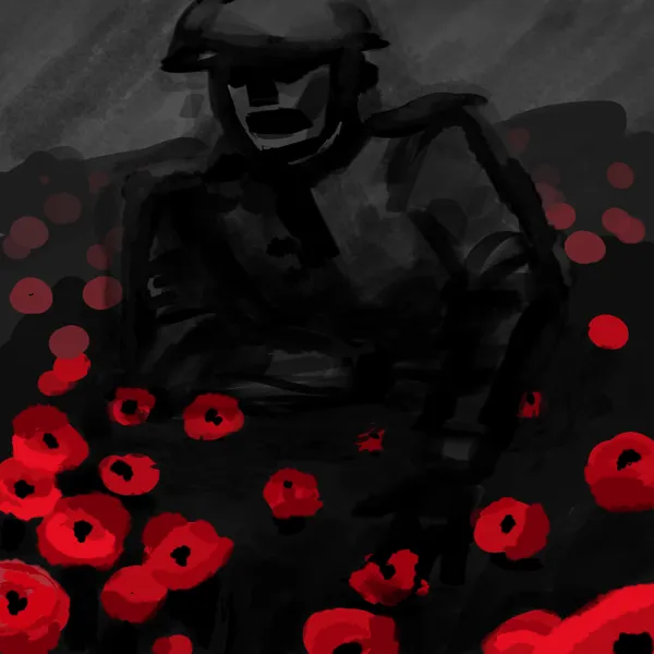 Dark illustration of a soldier in a field of poppies at night.