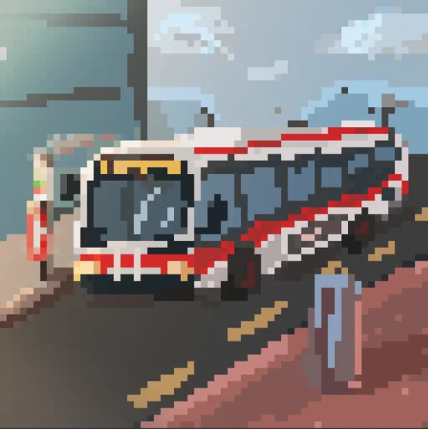 TTC bus stopped at a bus stop; pixel art