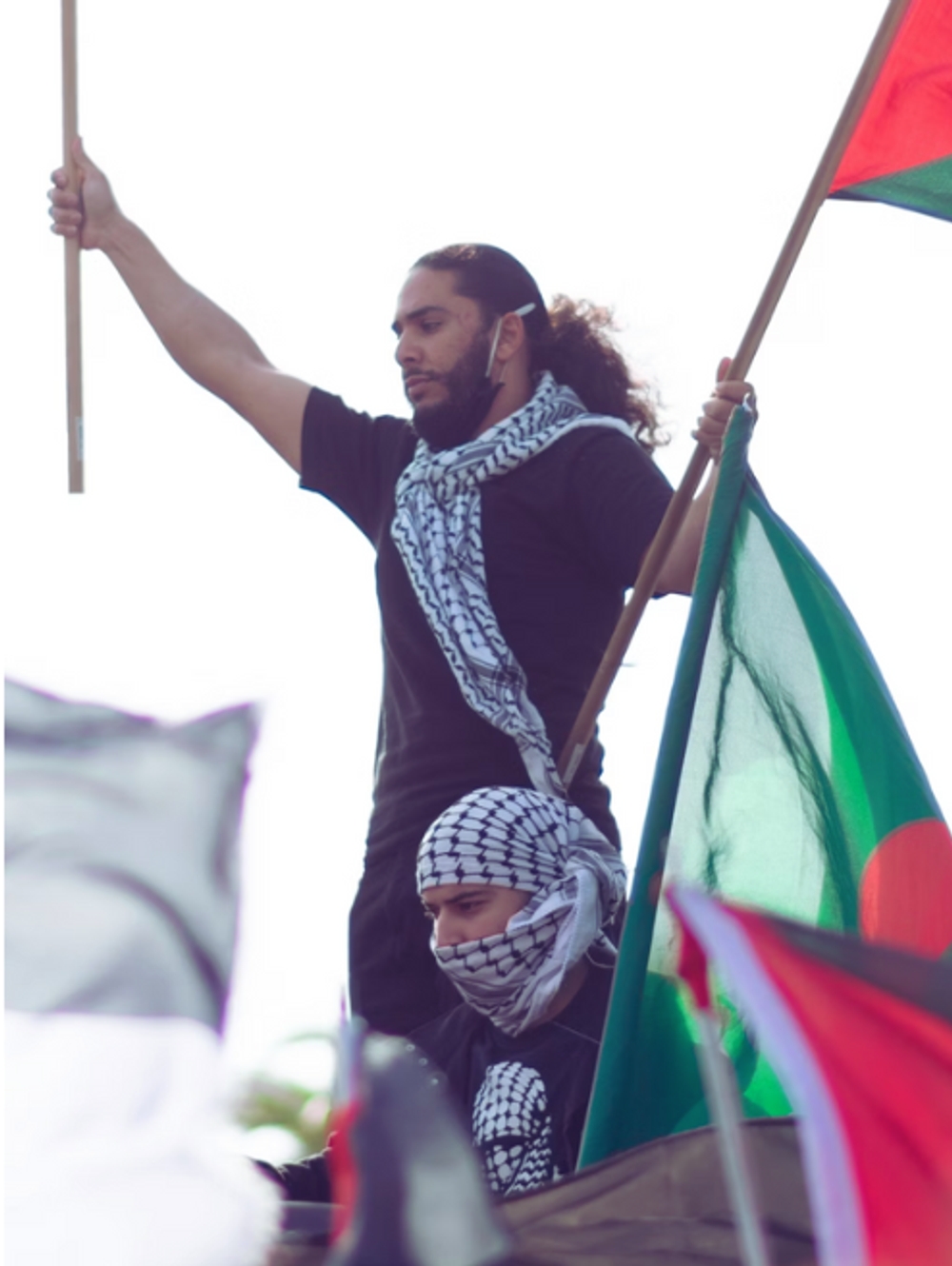 People protesting, holding flags for Palestine 