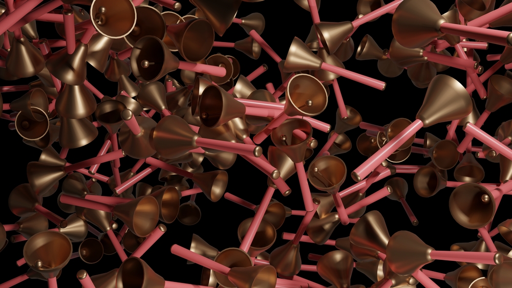 A render of hundreds of bells falling